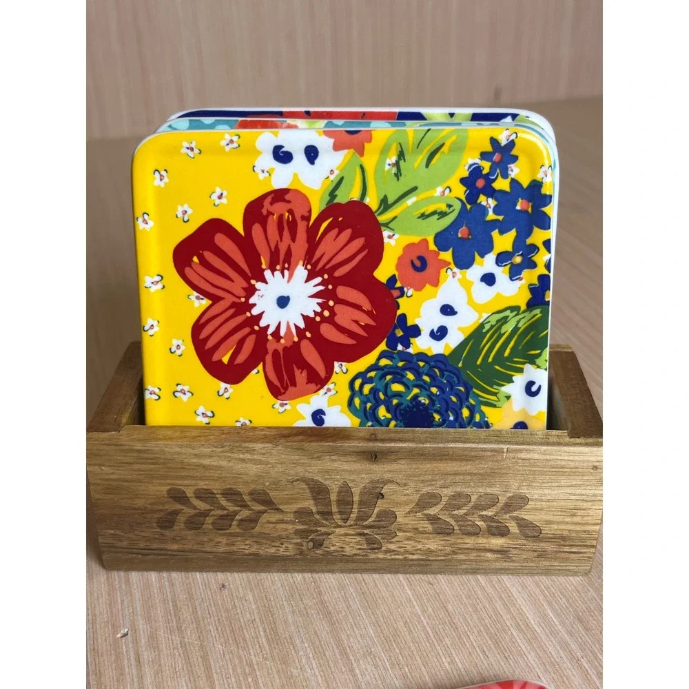 The Pioneer Woman Floral Ceramic Coaster Set of 4 with Engraved Wood Holder Boho